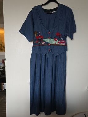 Blue Embroidered Denim-Style Women’s Dress